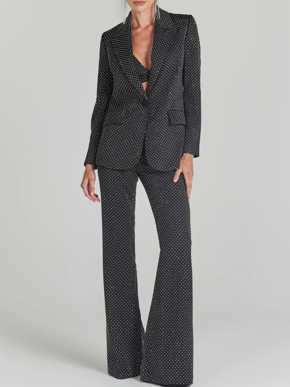 Crystal Embellishment Flared Pantsuit - Black